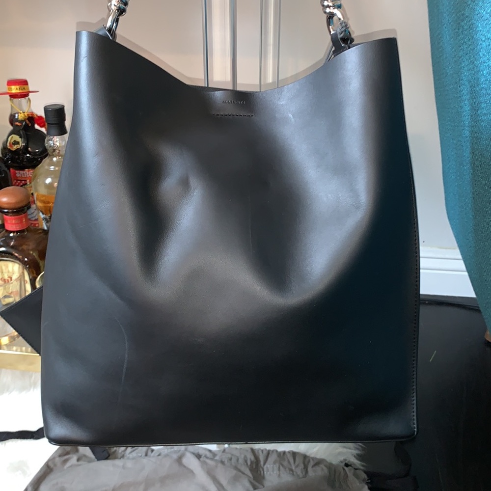 ALLSAINTS Captain Large Smooth Black Leather Shoulder Tote Bag $358 - Picture 5 of 12